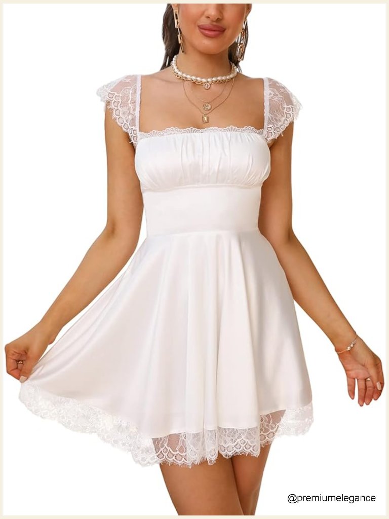 Lace Strap Satin Mini Dress Square Neck A-Line Ruffle Swing